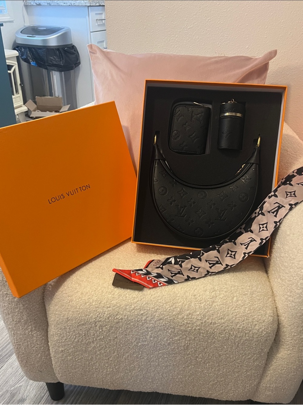 Black Monogram Leather Crescent Shoulder Bag with Scarf